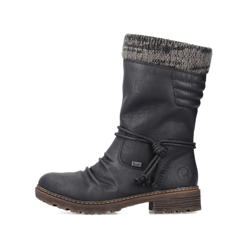 Schwarze Rieker Damen Hochschaftstiefel Z4755-00 mit Strick-Kragen. Schuh Außenseite.