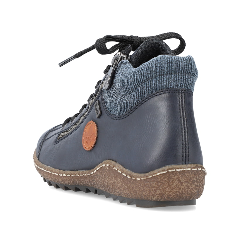 Blaue Rieker Damen Kurzstiefel L7514-14 mit wasserabweisender RiekerTEX-Membran. Schuh von hinten.