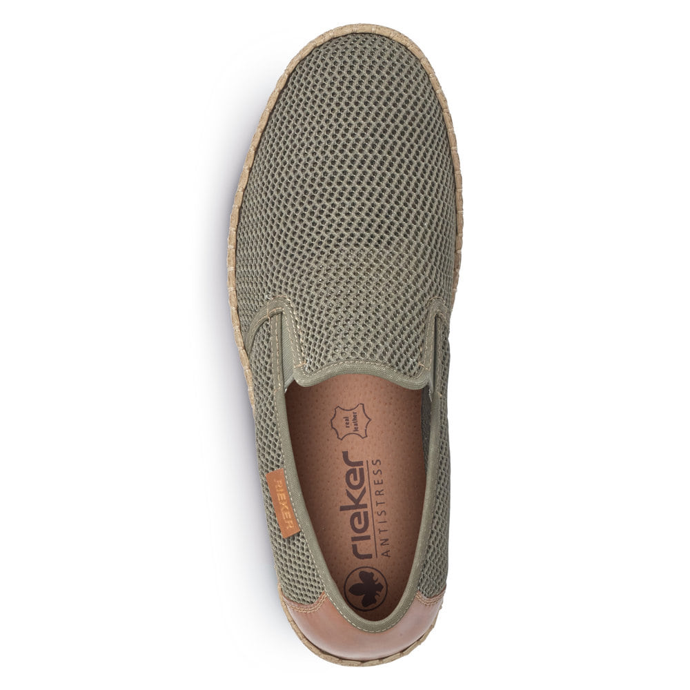 Mocassins Rieker verts pour homme B5276-54 avec bande élastique. Chaussure vue de dessus.