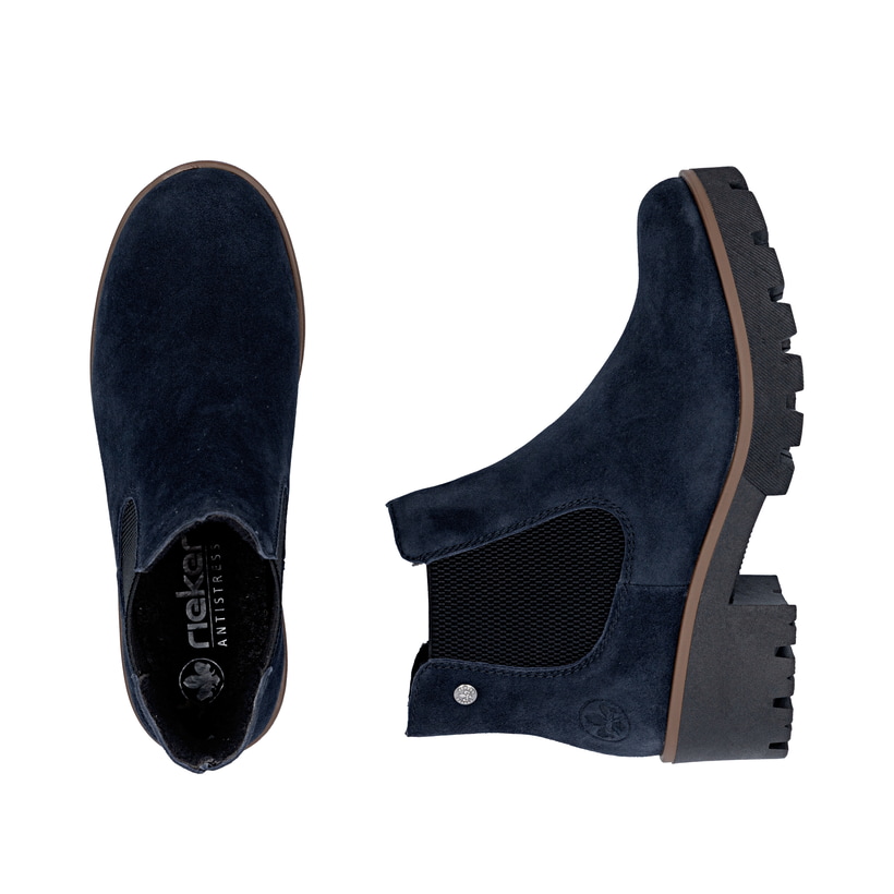Dunkelblaue Rieker Damen Chelsea Boots 79265-14 aus Rauleder mit einem Gummizug. Schuh von oben, liegend.