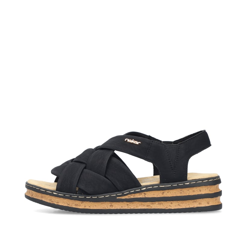 Schwarze Rieker Keilsandaletten 62908-00 mit einem Gummizug. Schuh Außenseite.