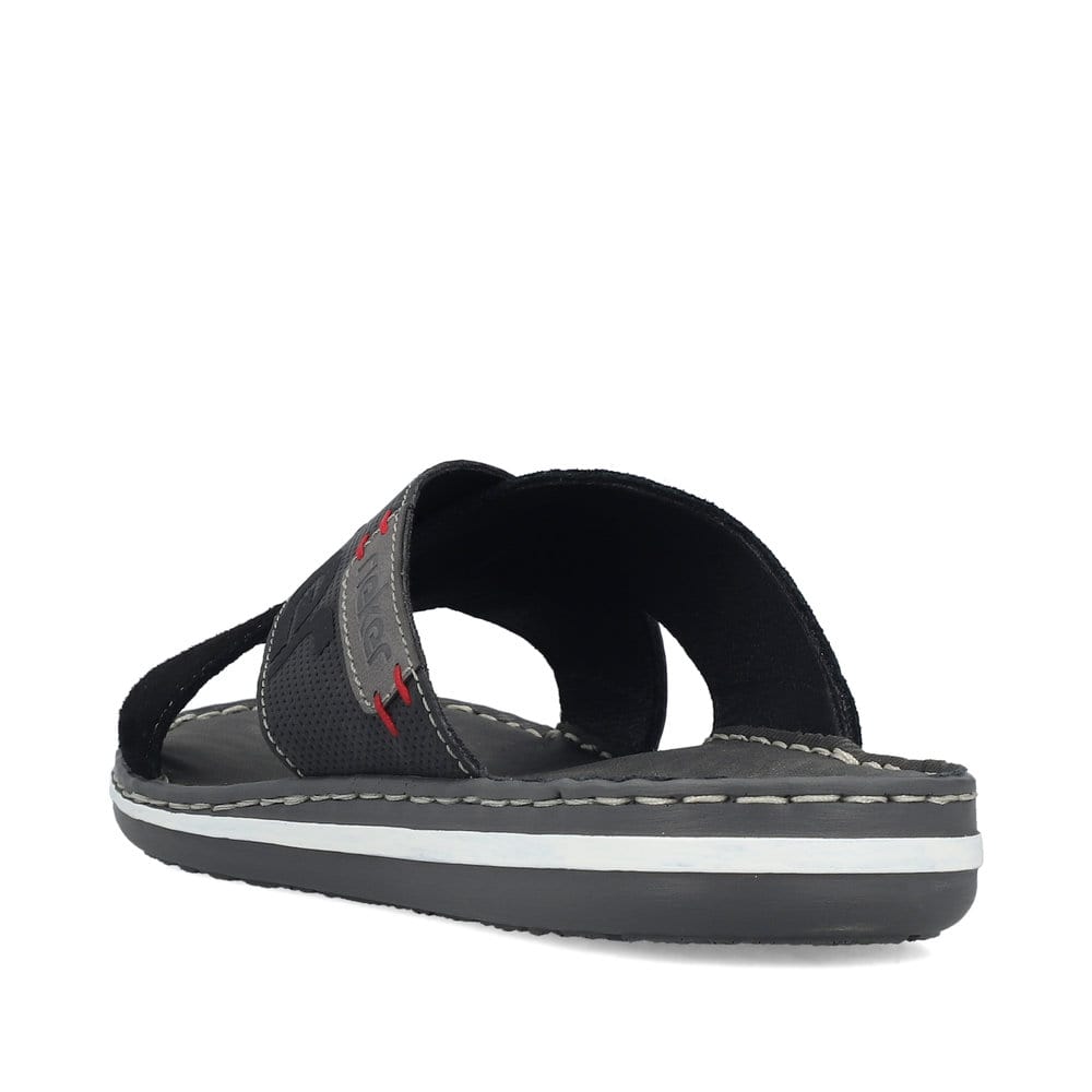 Schwarze Rieker Herren Pantoletten 21098-02 mit der Komfortweite G. Schuh von hinten.