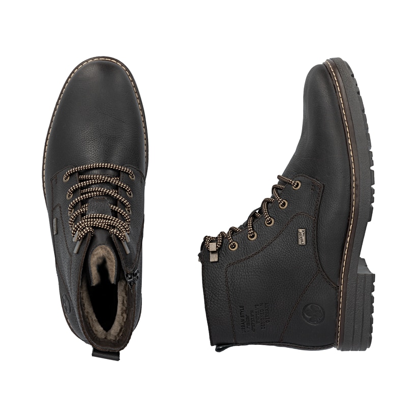 Braune Rieker Herren Schnürstiefel 33121-25 aus Glattleder. Schuh von oben, liegend.