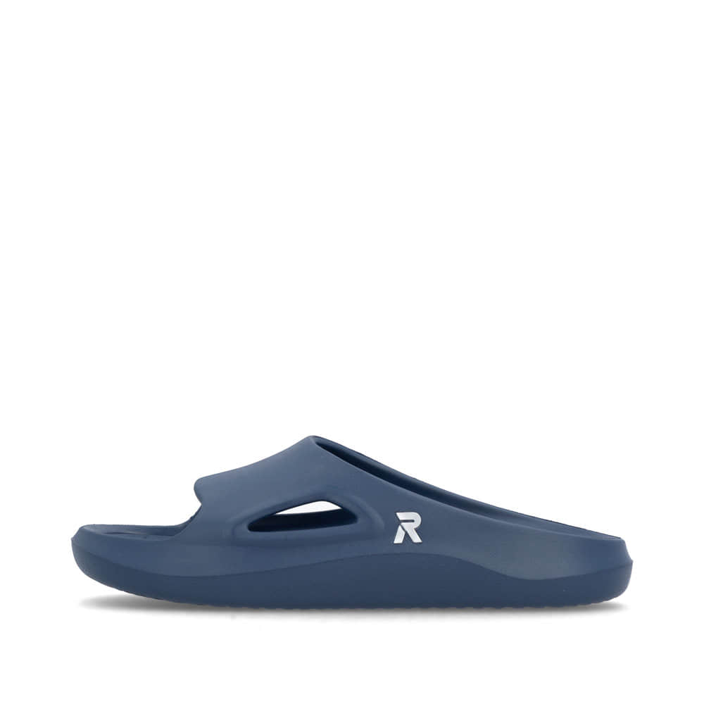 Mules Rieker bleues homme U3450-14 avec semelle ultra légère et flexible. Côté extérieur de la chaussure.