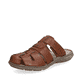 Braune Rieker Herren Pantoletten 22087-24 mit einem Klettverschluss. Schuh seitlich schräg.