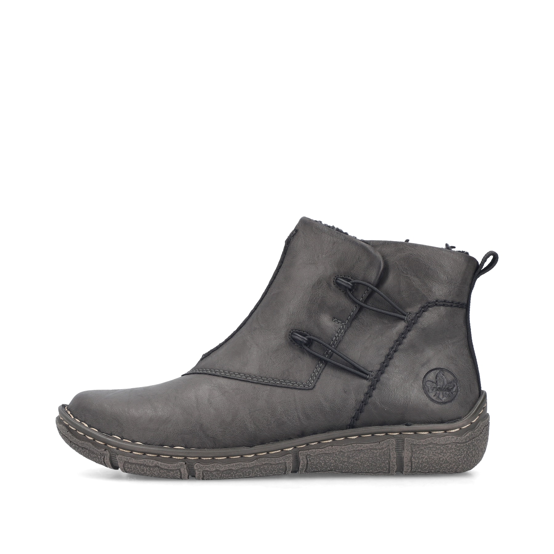 Dunkelgraue Rieker Damen Kurzstiefel Z3782-45 mit einem Reißverschluss. Schuh Außenseite.