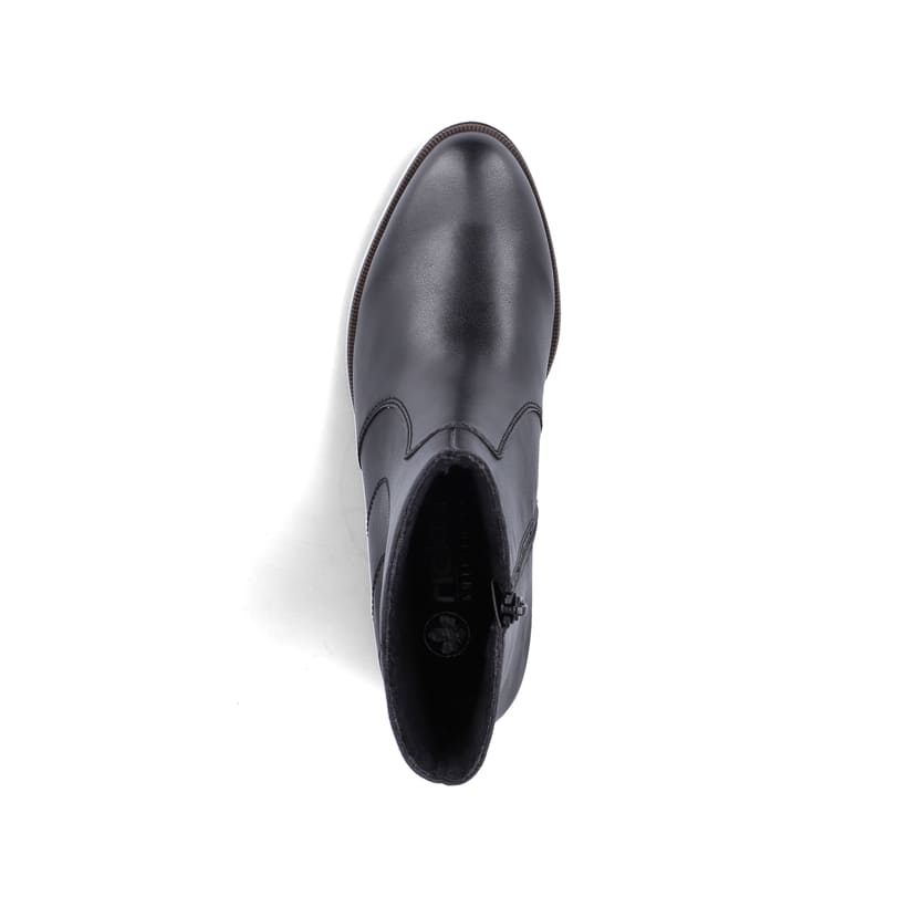 Schwarze Rieker Damen Kurzstiefel Y0581-00 mit modernen Ziernähten. Schuh von oben.