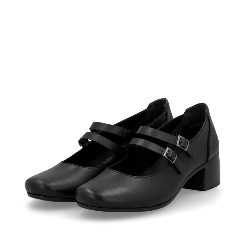 Schwarze Rieker Pumps 41651-00 mit einer Schnalle sowie extra weicher Decksohle. Schuhpaar seitlich schräg.