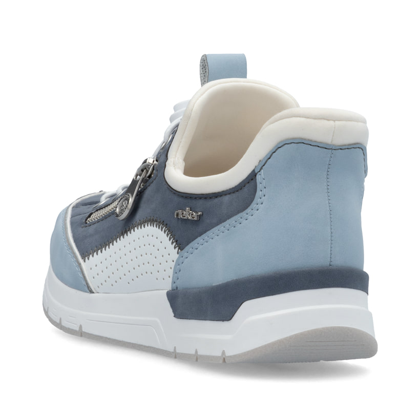 Blaue Rieker Damen Slipper 58962-10 mit easy Hineinschlüpf-Möglichkeit. Schuh von hinten.