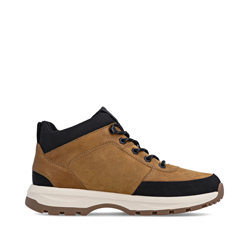 Goldgelb-braune Rieker Herren Schnürstiefel U1670-68 mit einer Schnürung. Schuh Innenseite.