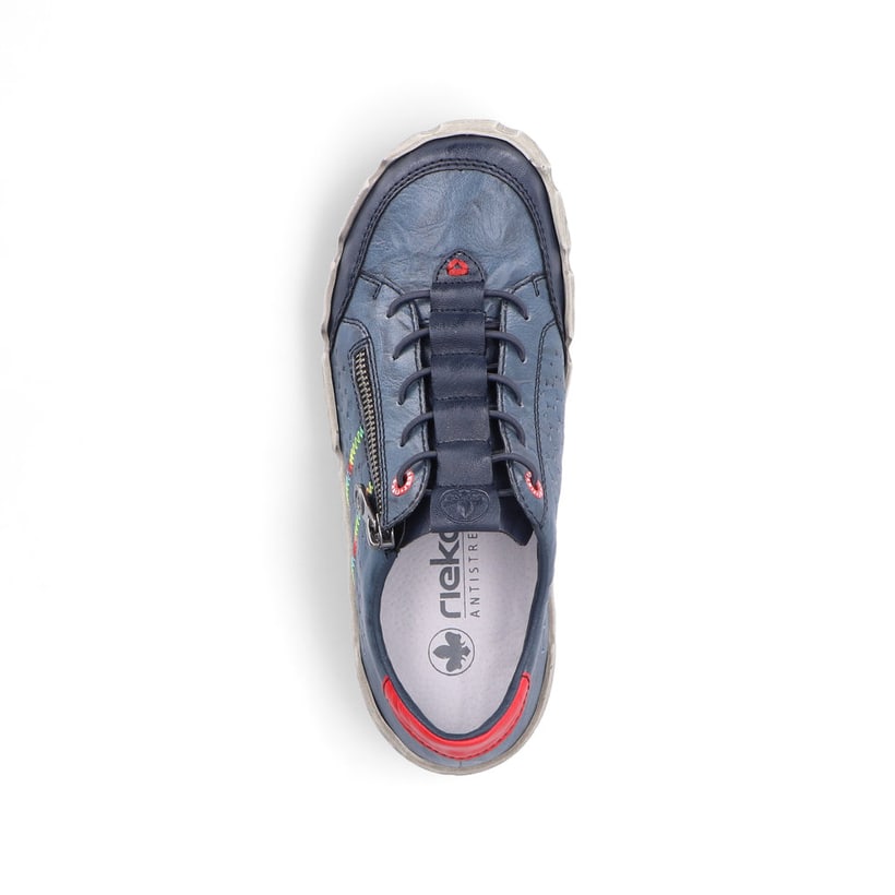 Mocassins Rieker bleus femme L0357-12 avec coutures modernes élégantes. Chaussure vue de dessus.