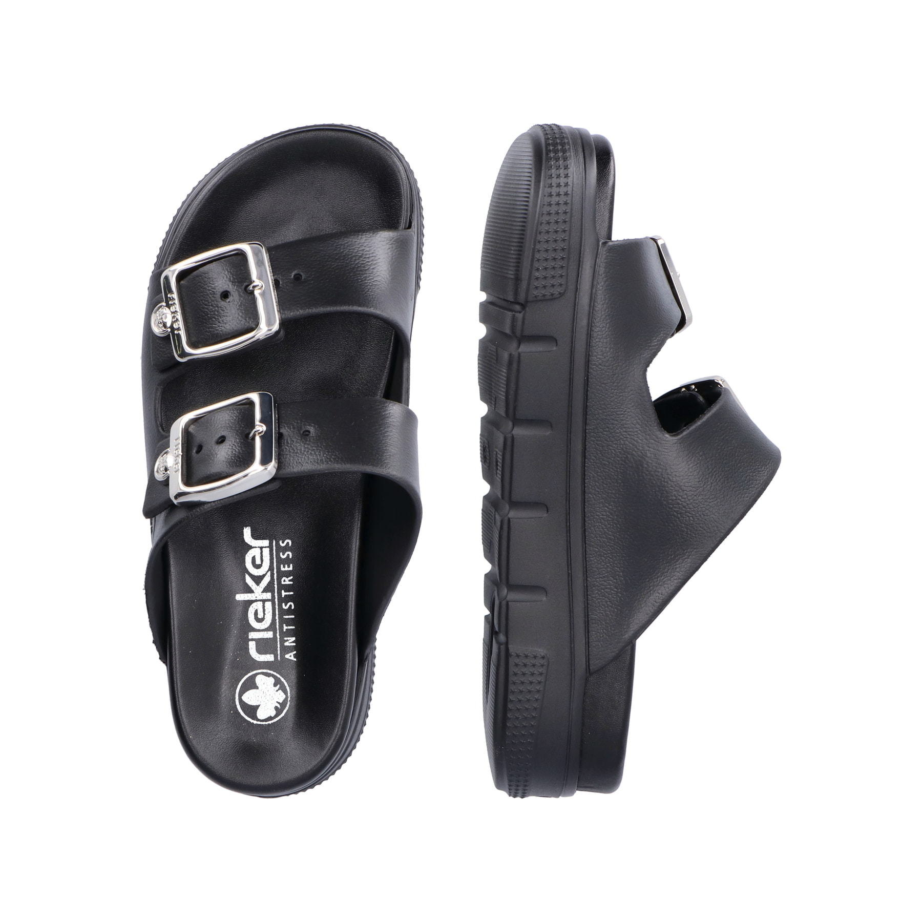 Schwarze Rieker Damen Pantoletten P2180-00 mit Schnallen sowie flexibler Sohle. Schuh von oben, liegend.