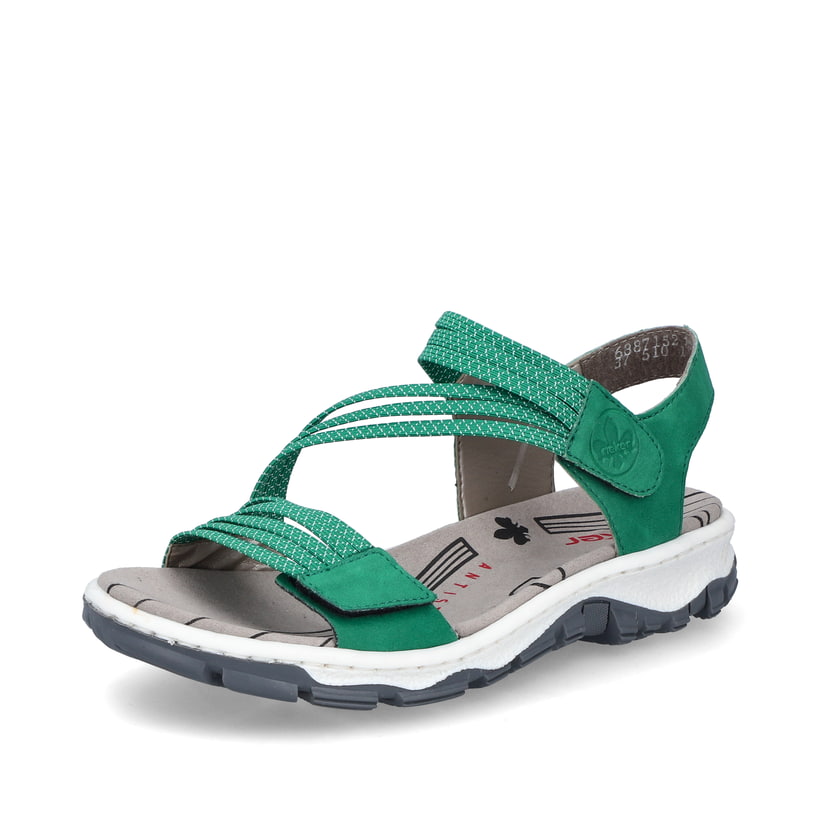 Grüne Rieker Damen Trekkingsandalen 68871-52 mit einem Klettverschluss. Schuh seitlich schräg.