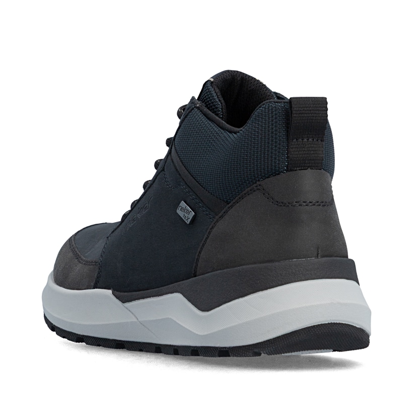 Dunkelblau-schwarze Rieker Herren Schnürstiefel 06003-14 mit Reißverschluss. Schuh von hinten.