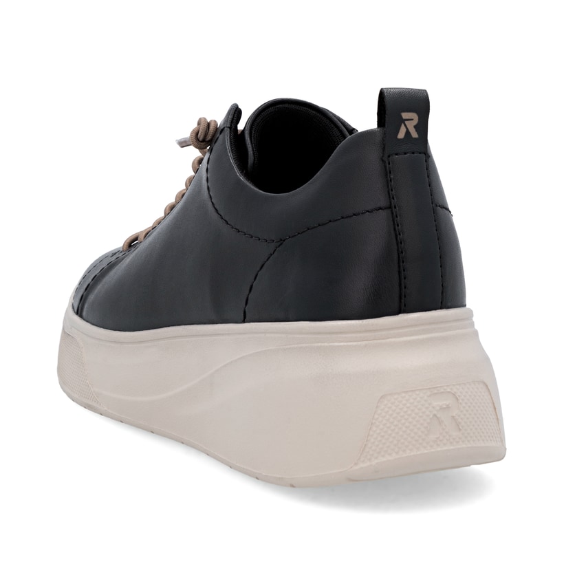 Schwarze Rieker Damen Sneaker Low W2301-00 aus Glattleder mit einer Schnürung. Schuh von hinten.