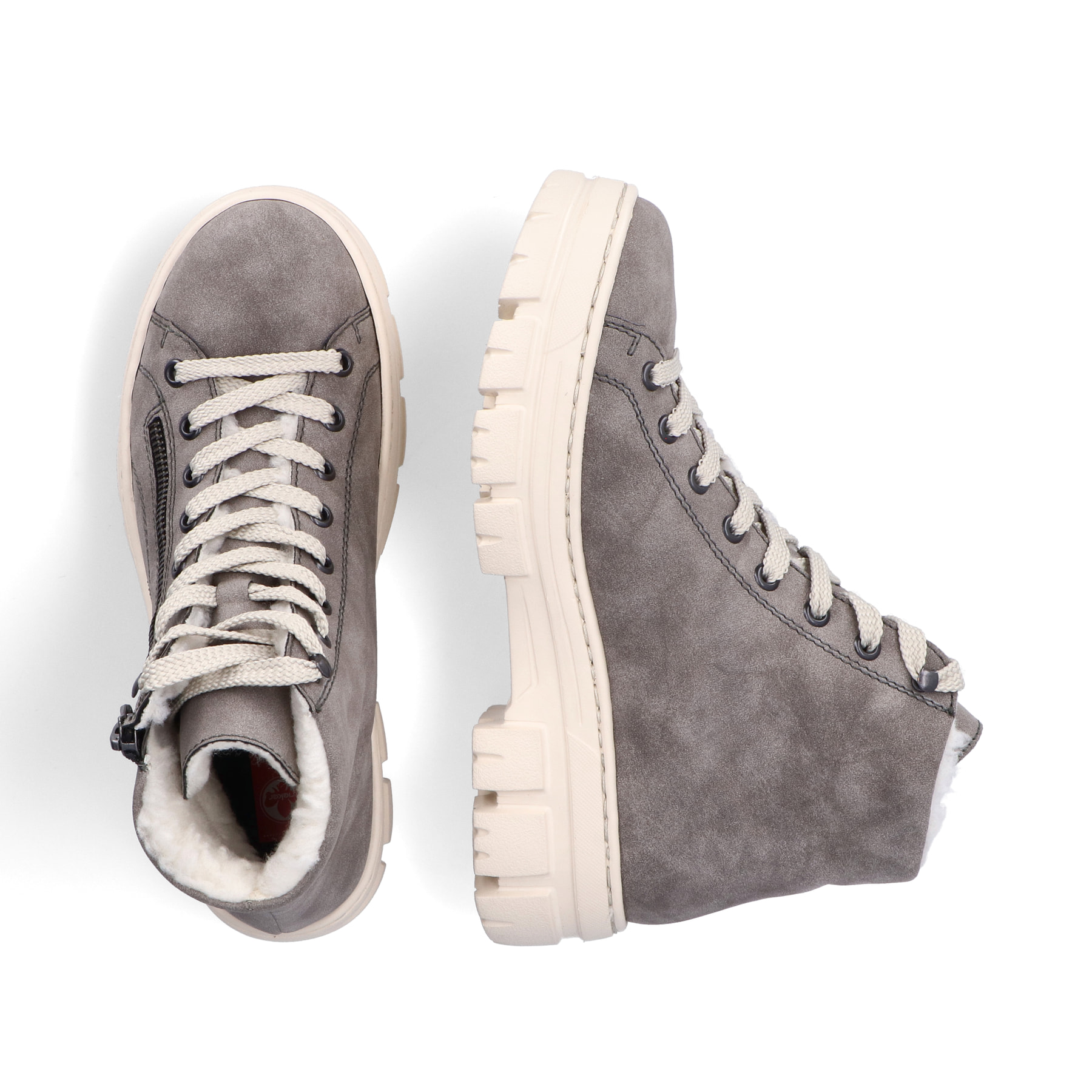 Hellgraue Rieker Damen Schnürstiefel Z7410-40 mit dunklen Ziernähten. Schuh von oben, liegend.