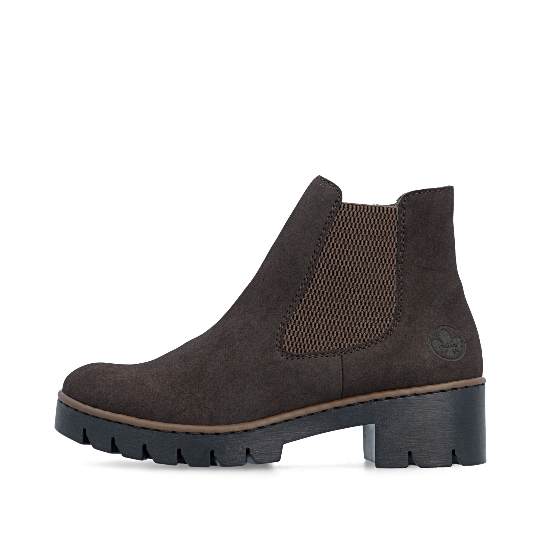 Dunkelbraune Rieker Damen Chelsea Boots X5772-25 mit einem Reißverschluss. Schuh Außenseite.