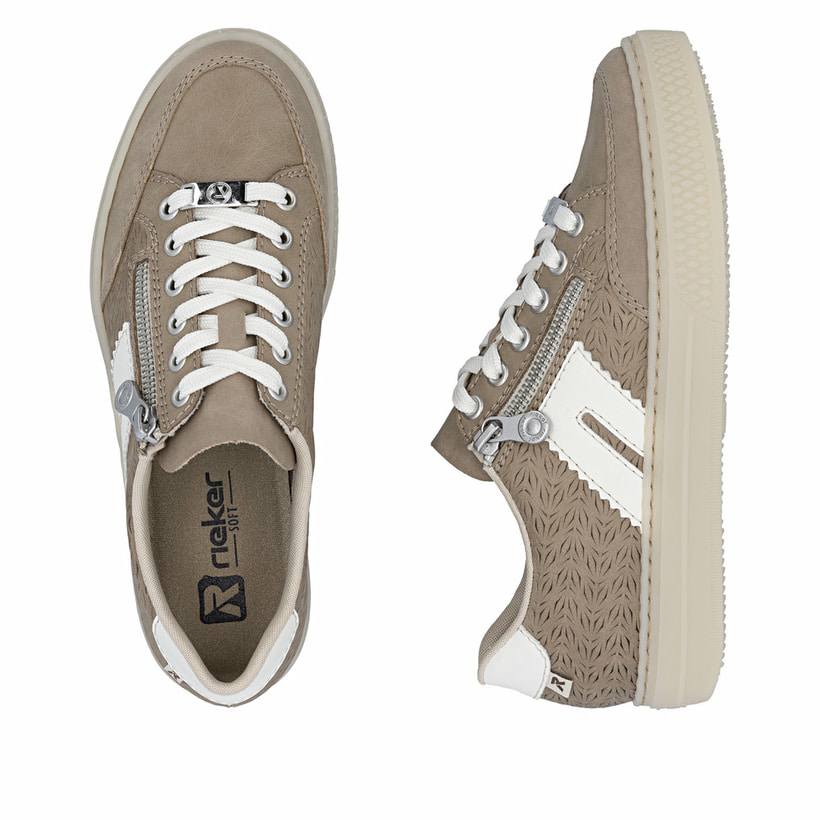 Braune Rieker Damen Sneaker Low L5903-20 aus Glattleder mit einem Reißverschluss. Schuh von oben, liegend.