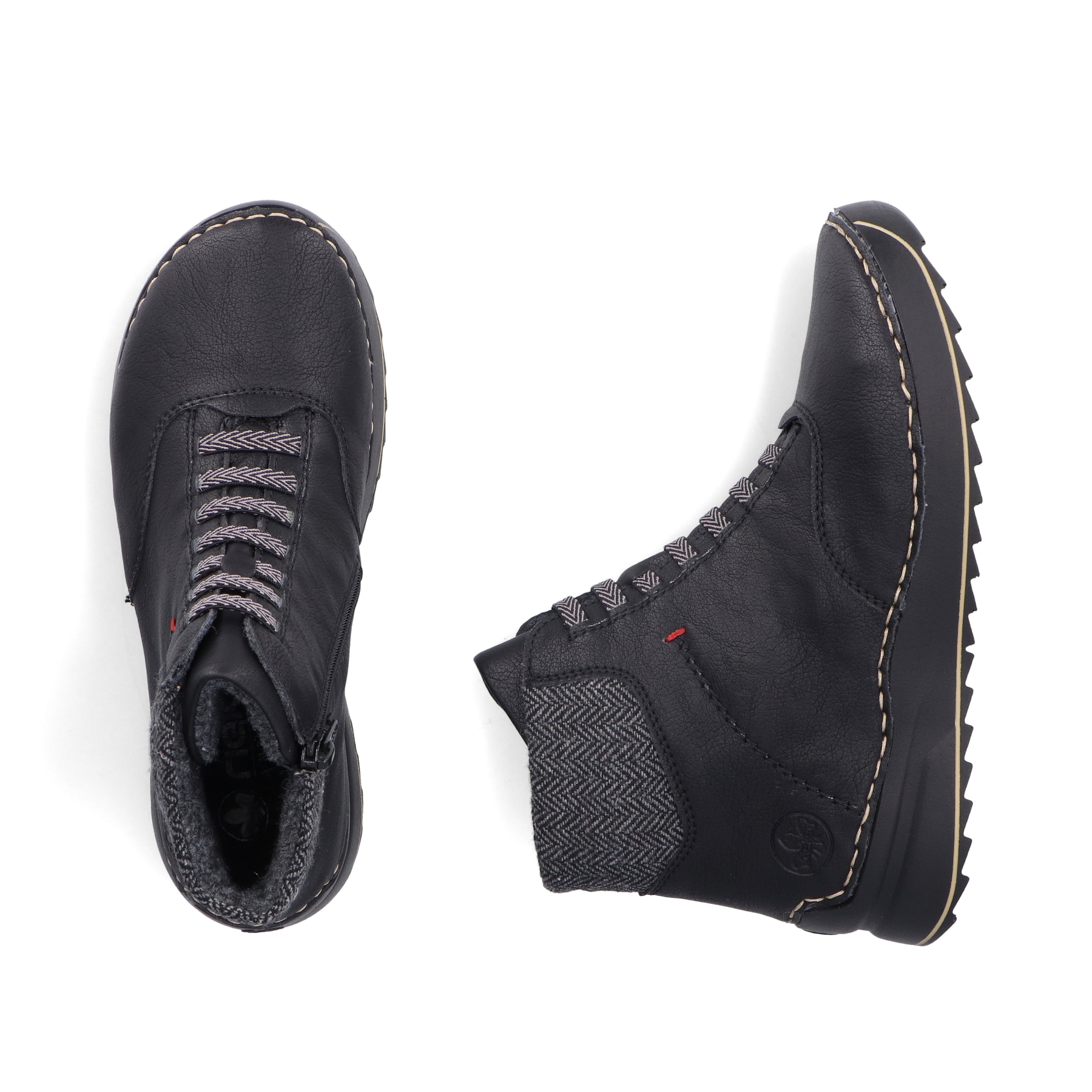 Schwarze Rieker Damen Schnürstiefel 51553-00 mit einem Reißverschluss. Schuh von oben, liegend.