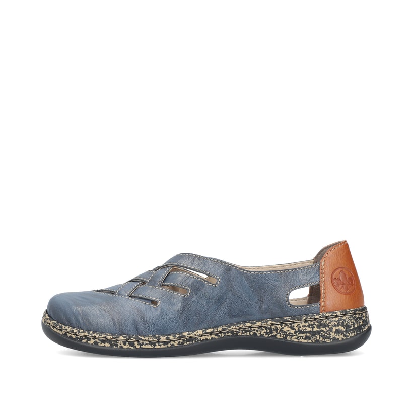 Blaue Rieker Damen Slipper 46369-12 mit Gummizug sowie extra weicher Decksohle. Schuh Außenseite.