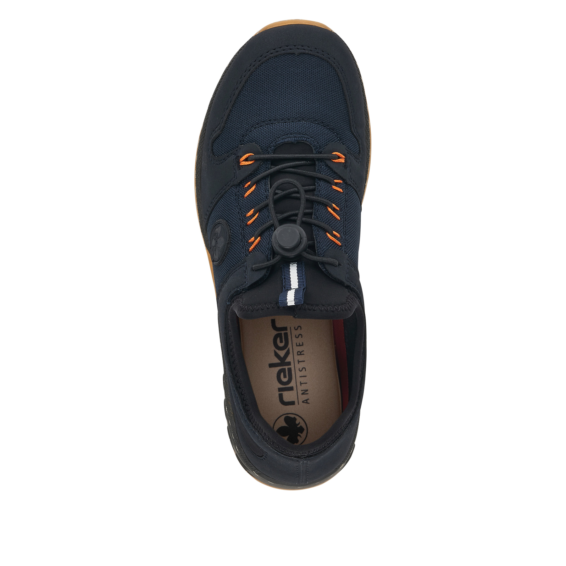 Blaue Rieker Damen Slipper M0564-14 mit einem Gummizug sowie Komfortweite G 1/2. Schuh von oben.