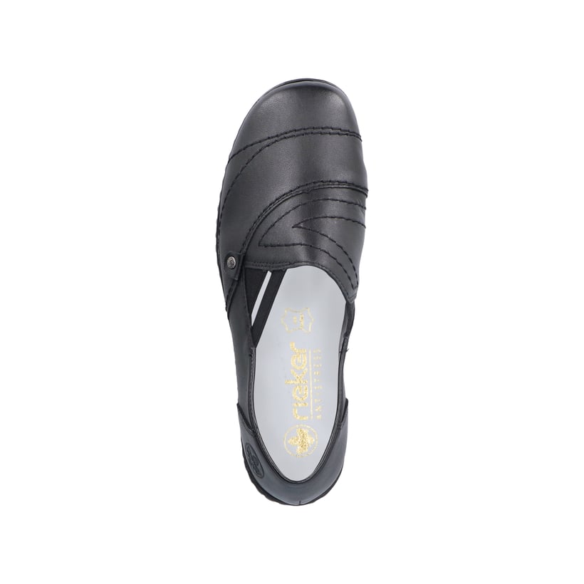 Schwarze Rieker Damen Slipper 48260-01 mit modernen Ziernähten sowie Gummizug. Schuh von oben.