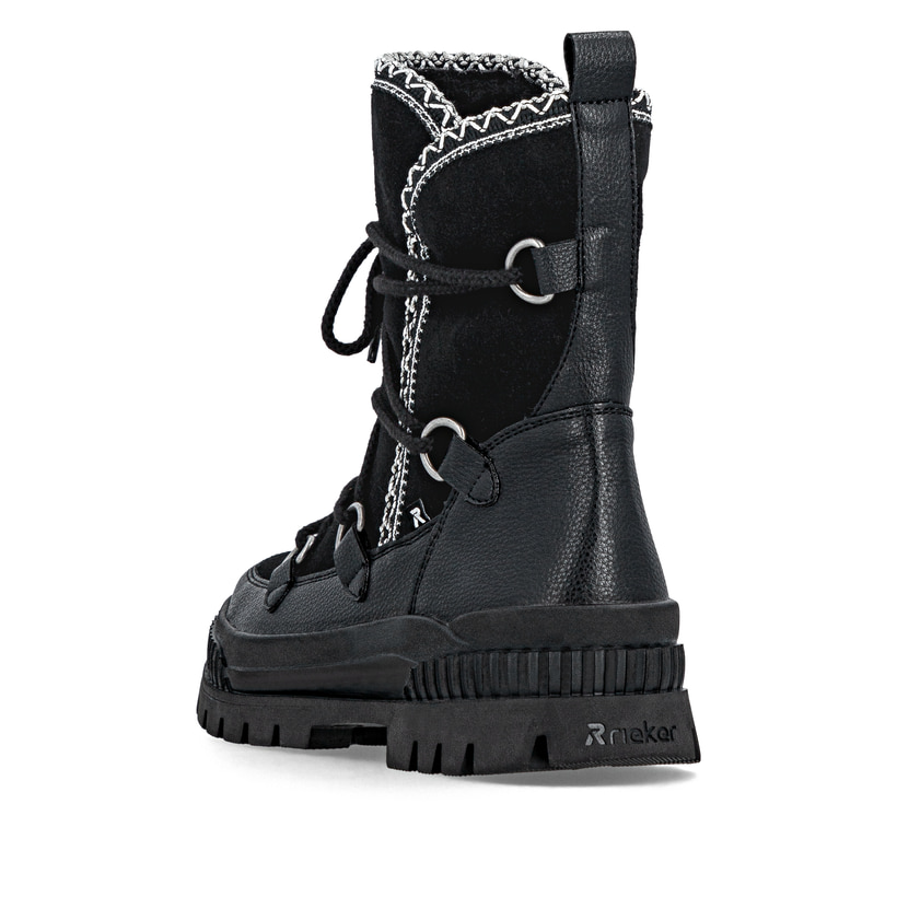Schwarze Rieker Damen Kurzstiefel W2175-00 aus Rauleder mit weißer Zickzack-Naht. Schuh von hinten.