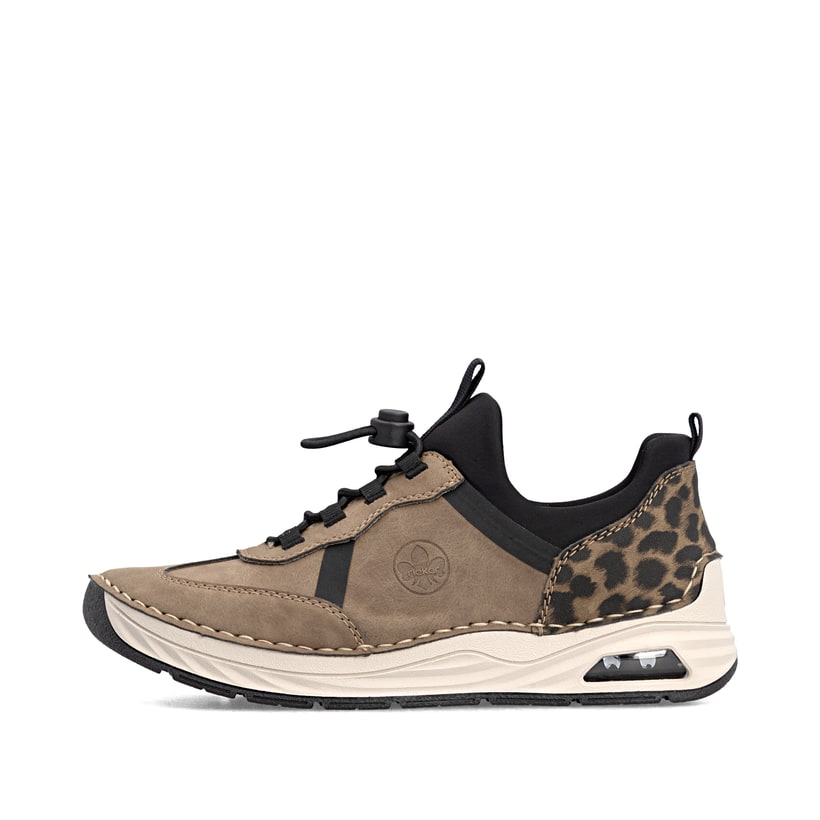 Braun-schwarze Rieker Damen Slipper 44551-24 mit Rieker Air Sohlenfenster. Schuh Außenseite.
