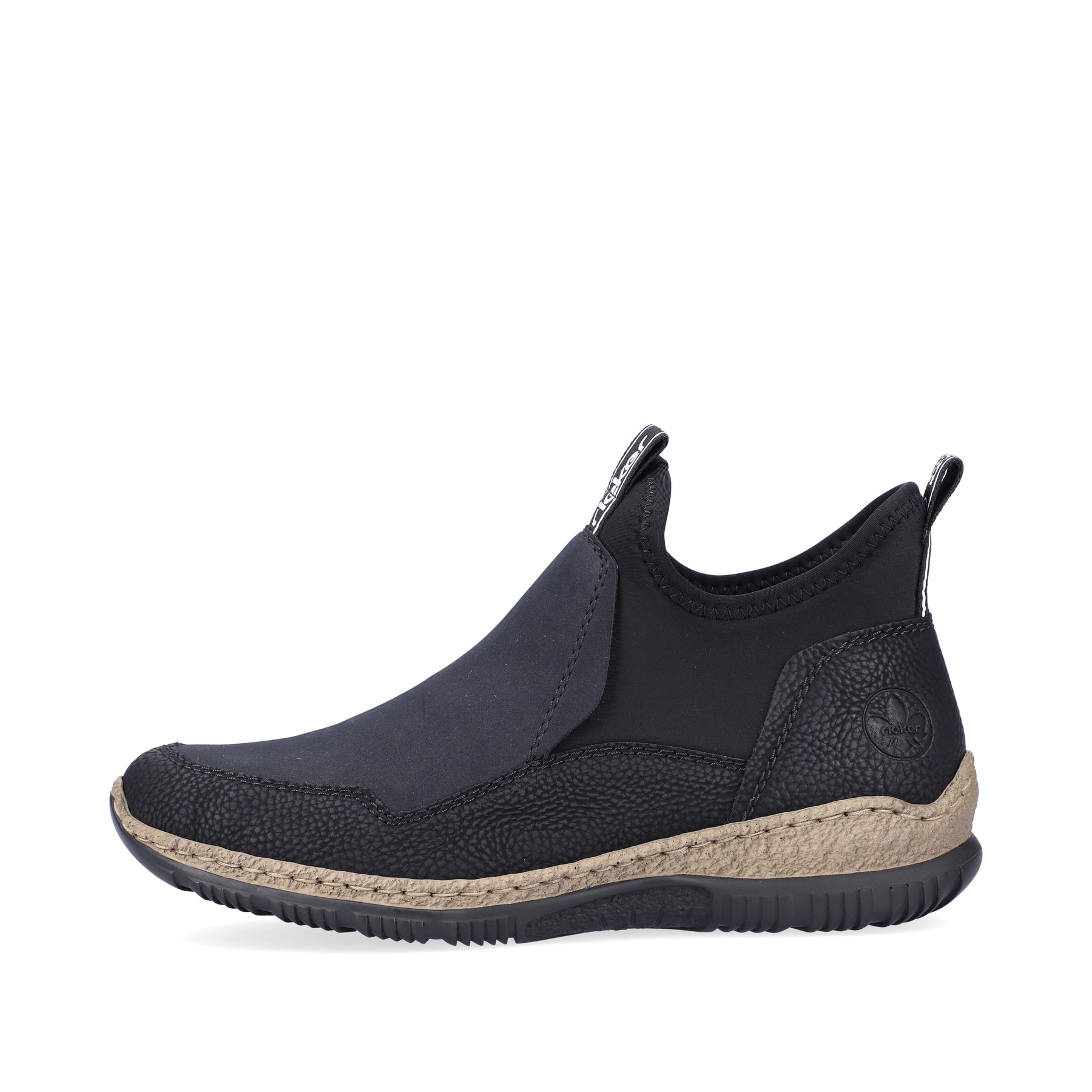 Tiefschwarze Rieker Damen Chelsea Boots N3275-00 mit einer schockabsorbierenden Sohle. Schuh Außenseite