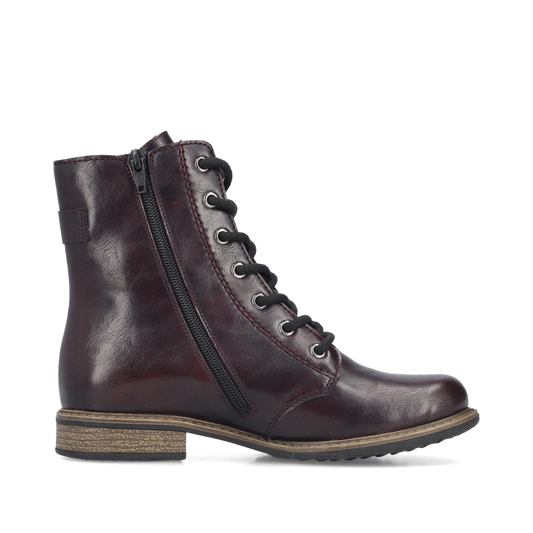 Schwarz-rote Rieker Damen Schnürstiefel 74802-35 mit einem Reißverschluss. Schuh Innenseite.