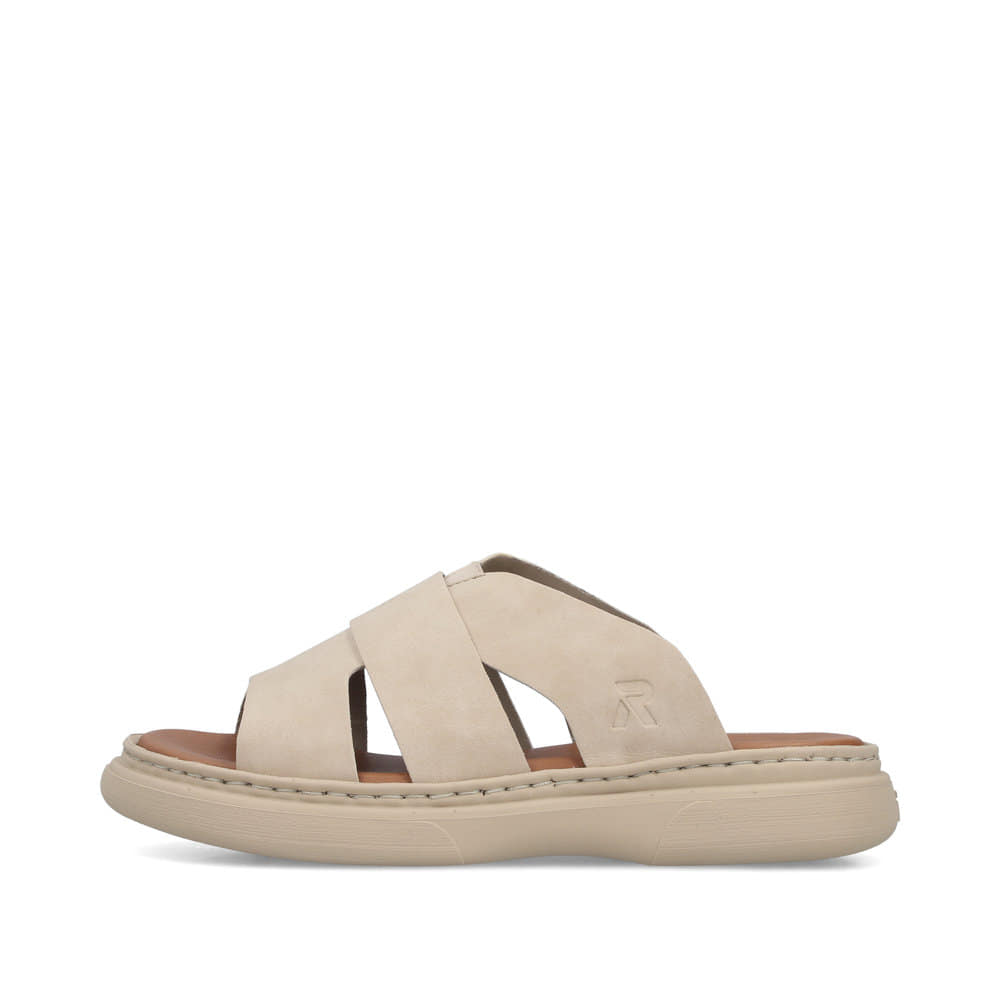 Beige Rieker Damen Pantoletten V3089-62 mit Gummizug sowie ultraleichter Sohle. Schuh Außenseite.