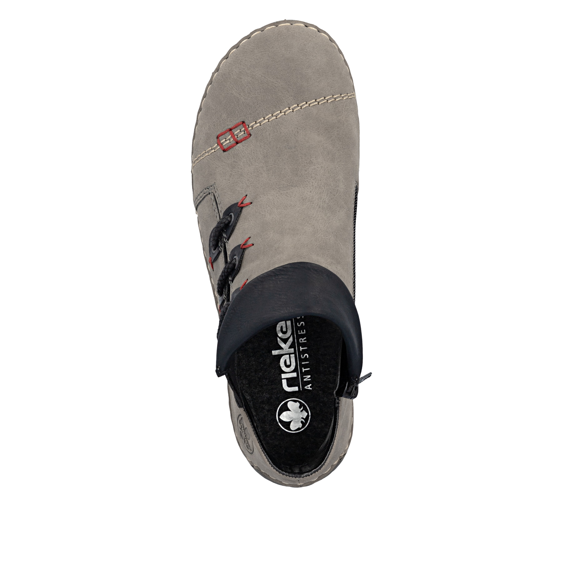 Grau-schwarze Rieker Damen Kurzstiefel 72581-42 mit einem Reißverschluss. Schuh von oben.
