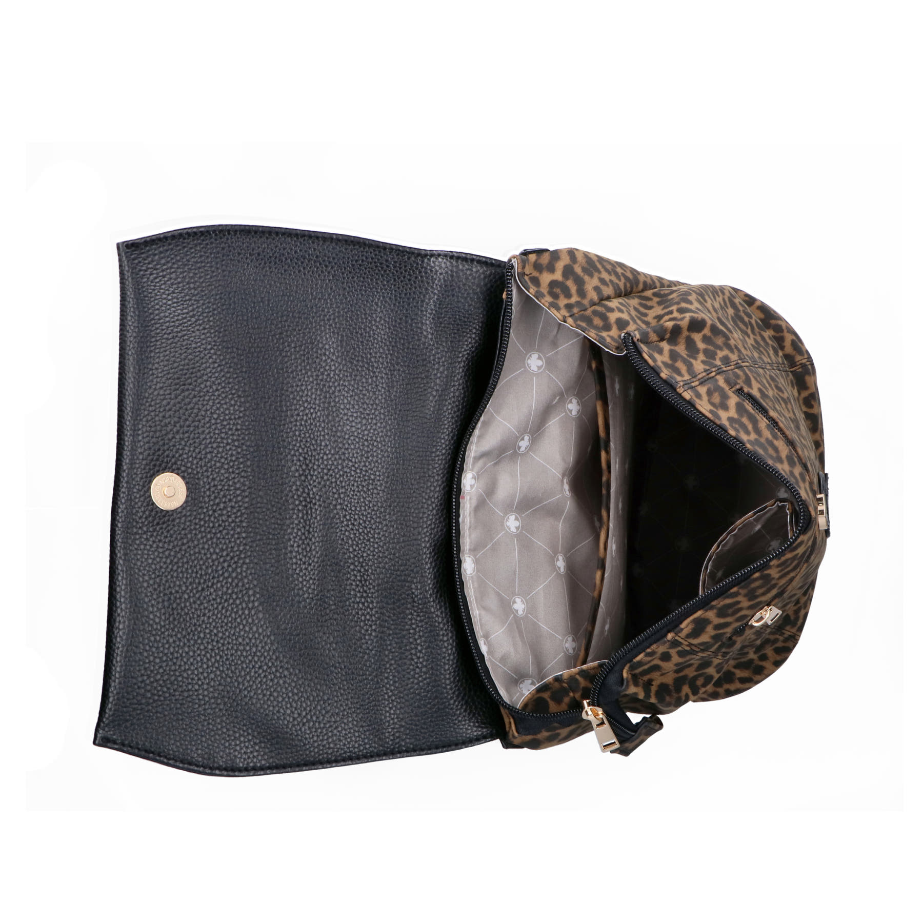 Rieker Rucksack H1357-24 in Animalprint mit bunten Details, Reißverschluss und Handyfach. Geöffnet.