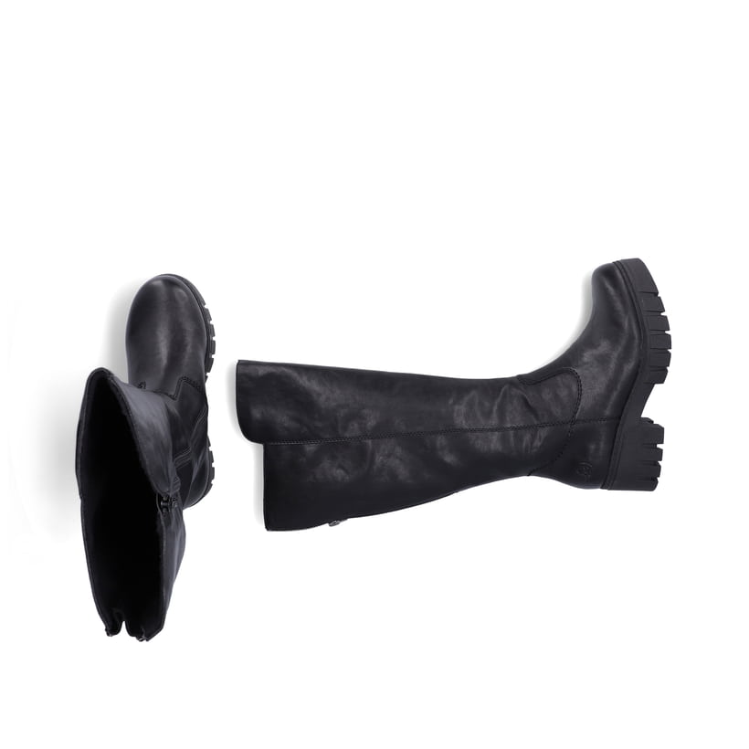Schwarze Rieker Damen Hochschaftstiefel 74597-00 mit einem Reißverschluss. Schuh von oben, liegend.