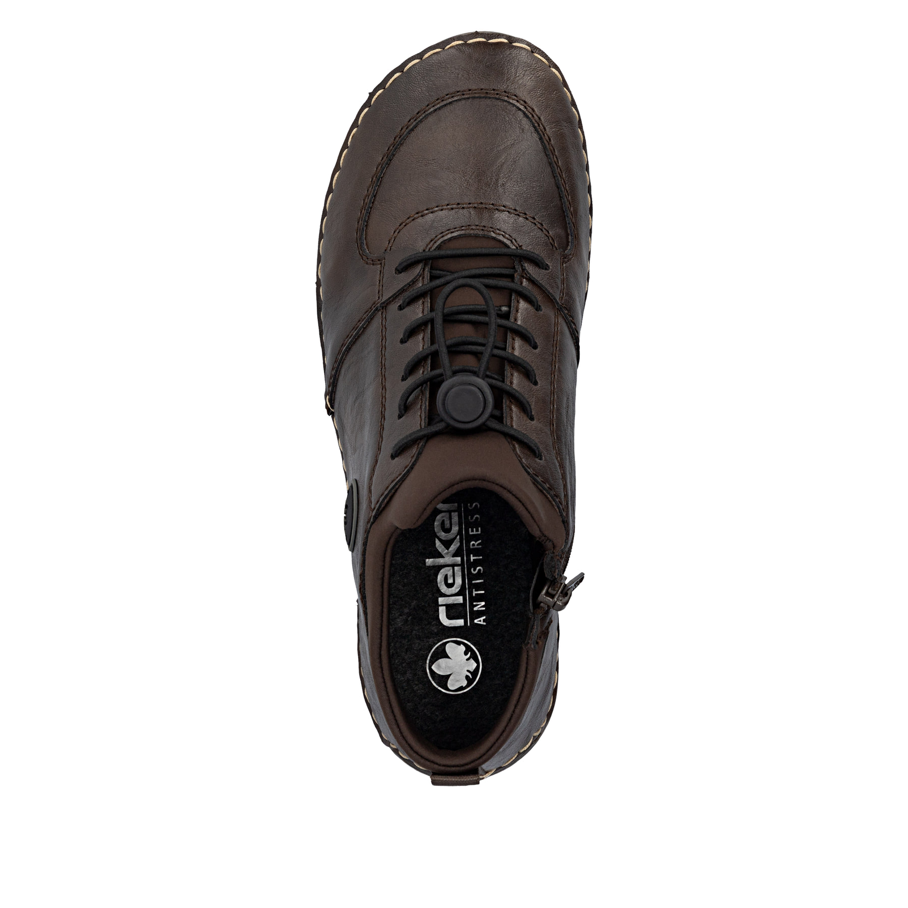 Dunkelbraune Rieker Damen Kurzstiefel 52557-25 mit einem Reißverschluss. Schuh von oben.