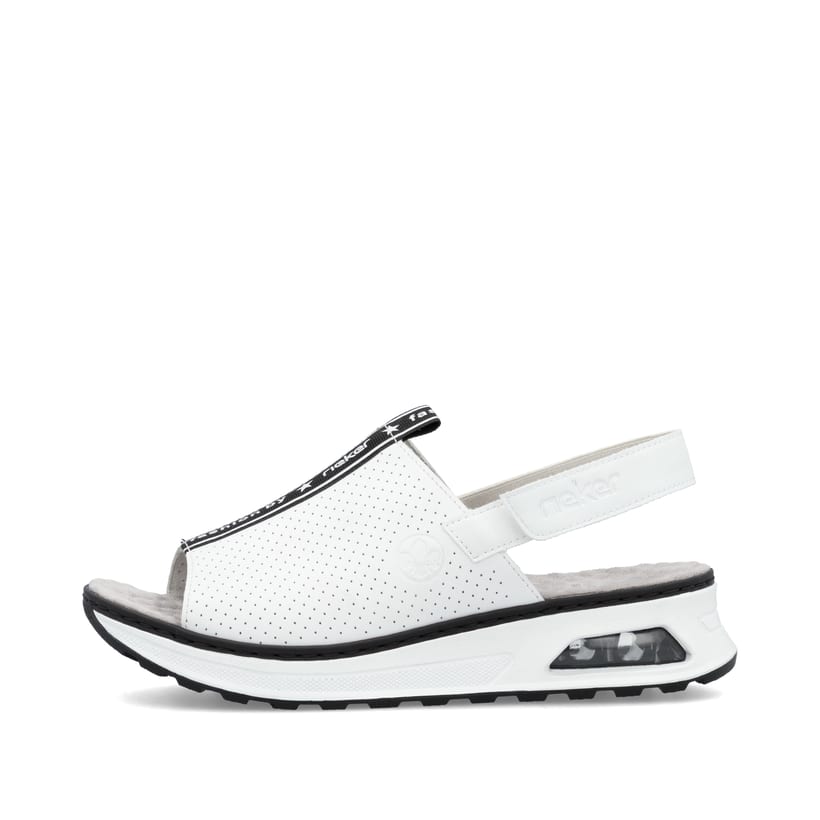 Weiße Rieker Keilsandaletten 65615-80 mit Rieker Air Sohlenfenster. Schuh Außenseite.