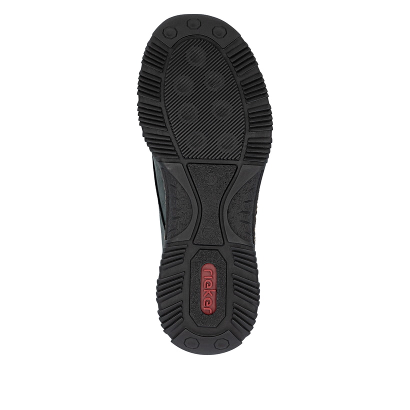 Dunkelgrüne Rieker Damen Kurzstiefel N32G7-54 mit einem Gummizug. Schuh Laufsohle.