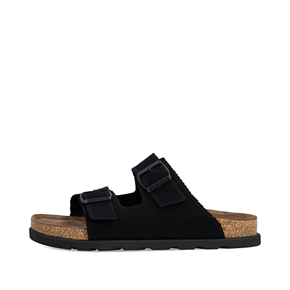 Schwarze Rieker Herren Pantoletten 21151-00 mit Schnallen sowie der Extraweite H. Schuh Außenseite.