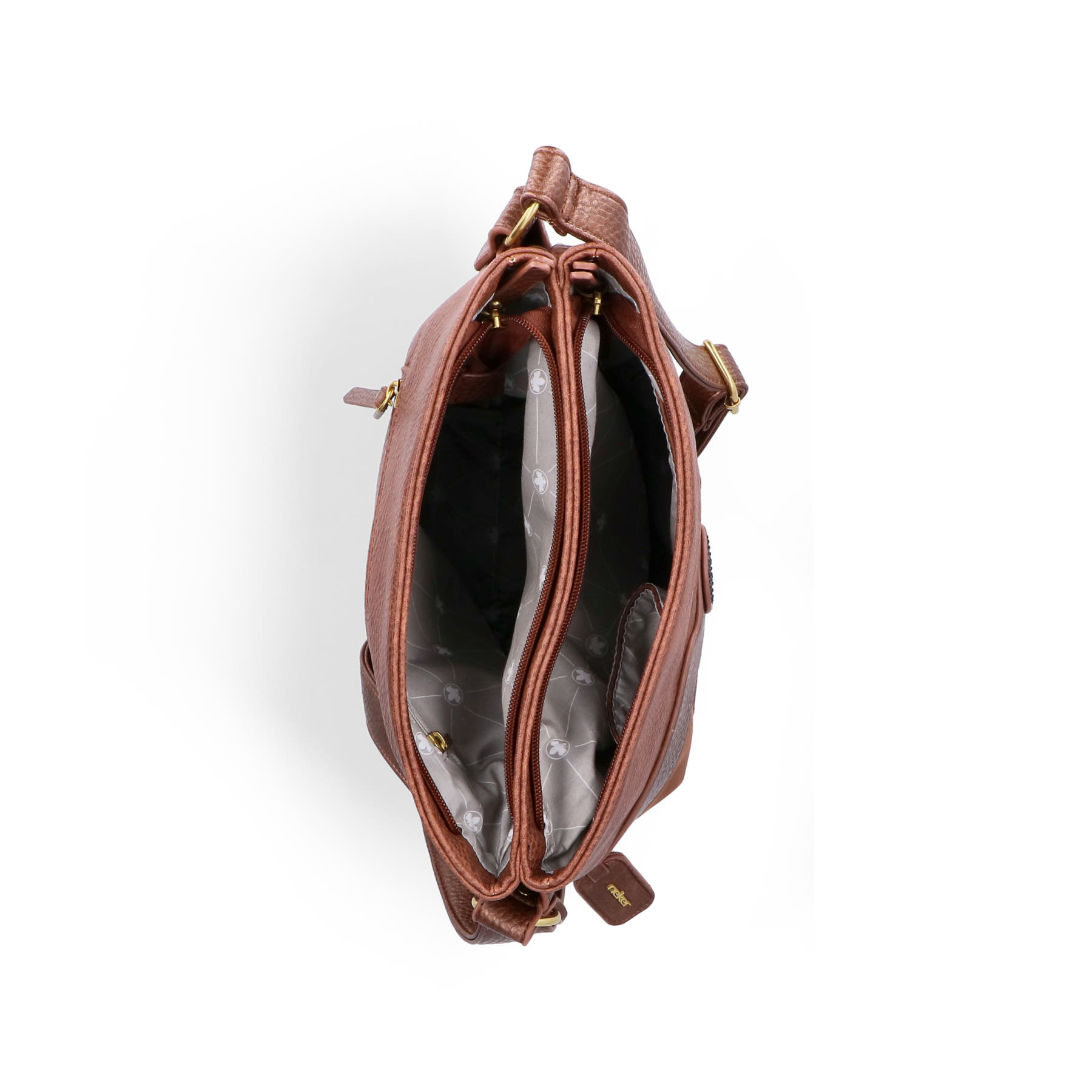 Sac bandoulière Rieker H1346-22 en marron avec plusieurs compartiments intérieurs et une fermeture éclair. Ouvert.