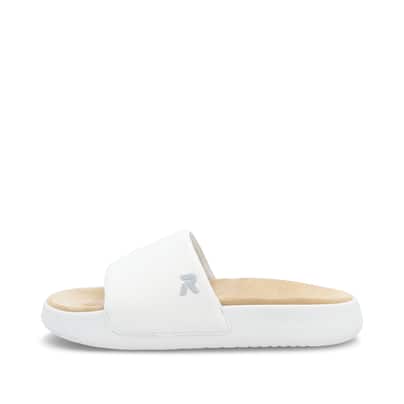 Weiße Rieker Herren Pantoletten U3250-80 mit ultraleichter und flexibler Sohle. Schuh Außenseite.