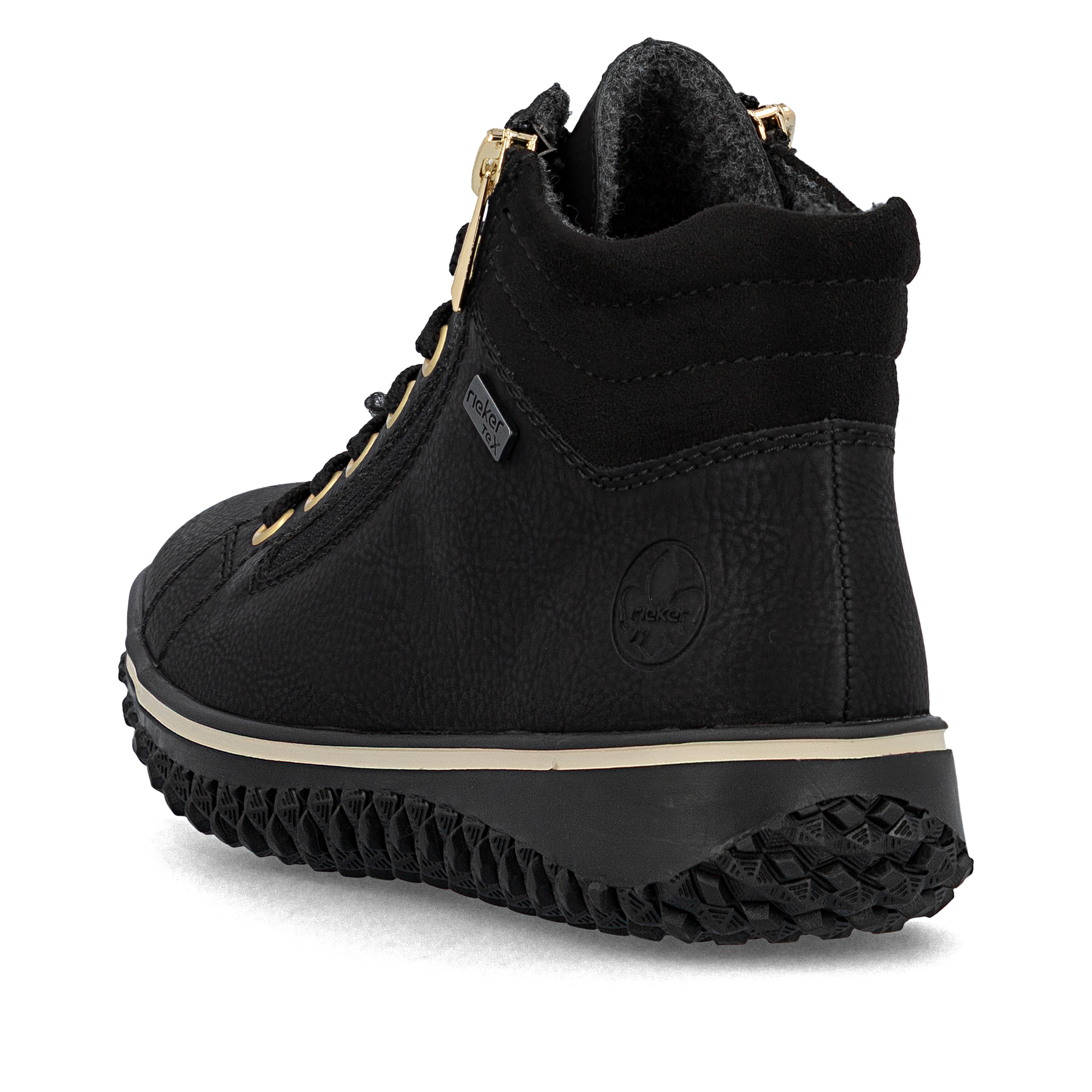 Schwarze Rieker Damen Schnürstiefel Z4263-00 mit wasserabweisender TEX-Membran. Schuh von hinten.