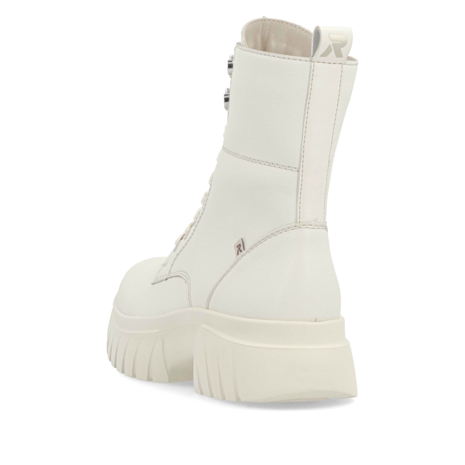 Beige Rieker Damen Schnürstiefel W1870-60 mit ultraleichter und flexibler Sohle. Schuh von hinten.