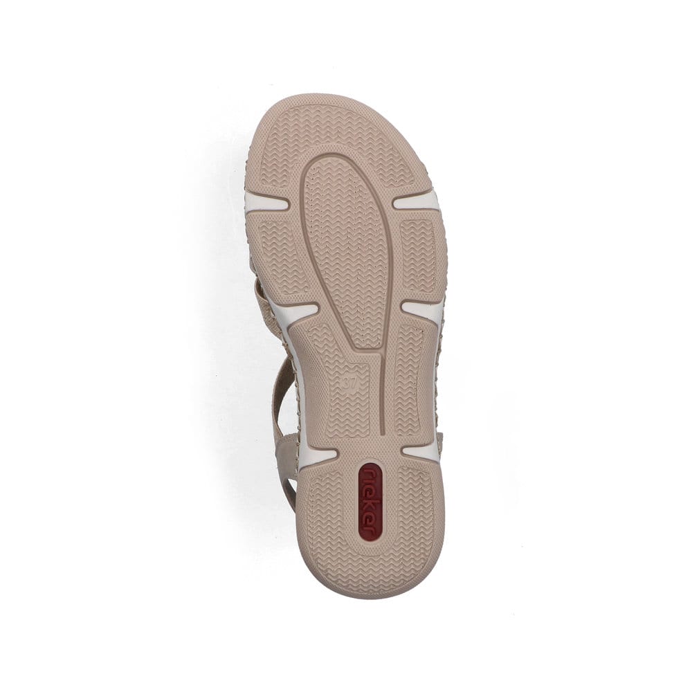Beige Rieker Damen Riemchensandalen 66201-62 mit Schmuckelementen sowie Gummizug. Schuh Laufsohle.
