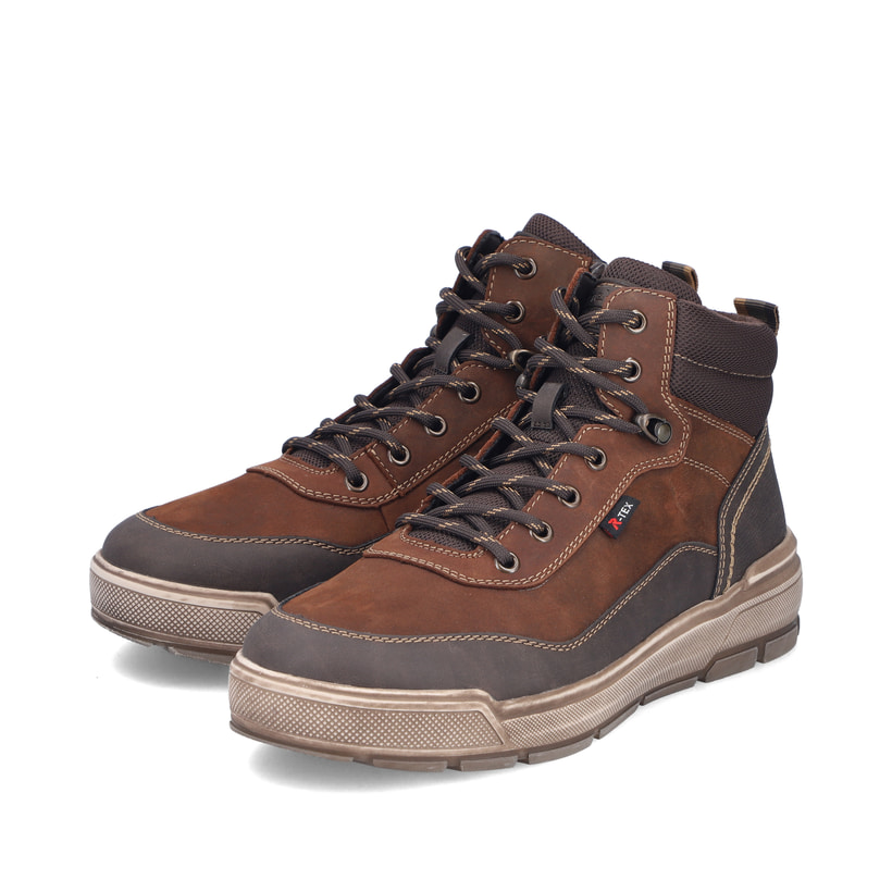 Braune Rieker Herren Schnürstiefel U0010-22 aus Rauleder. Schuhpaar seitlich schräg.