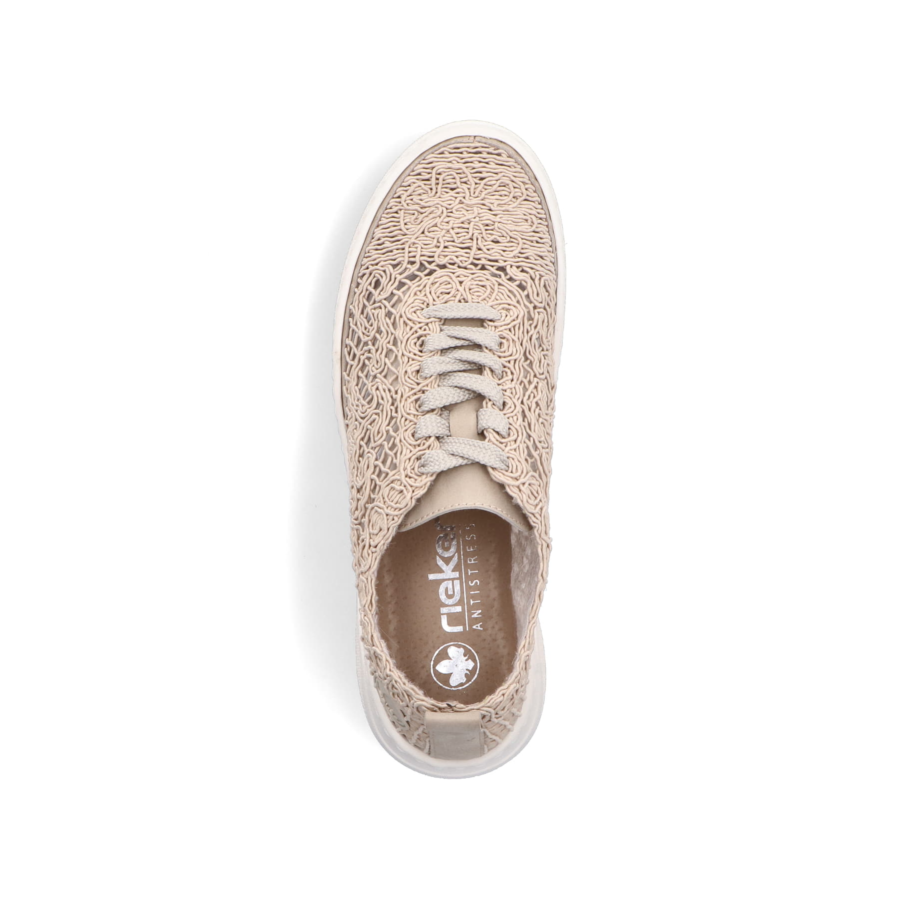 Beige Rieker Damen Sneaker Low N6409-62 mit Rieker Air Sohlenfenster. Schuh von oben.