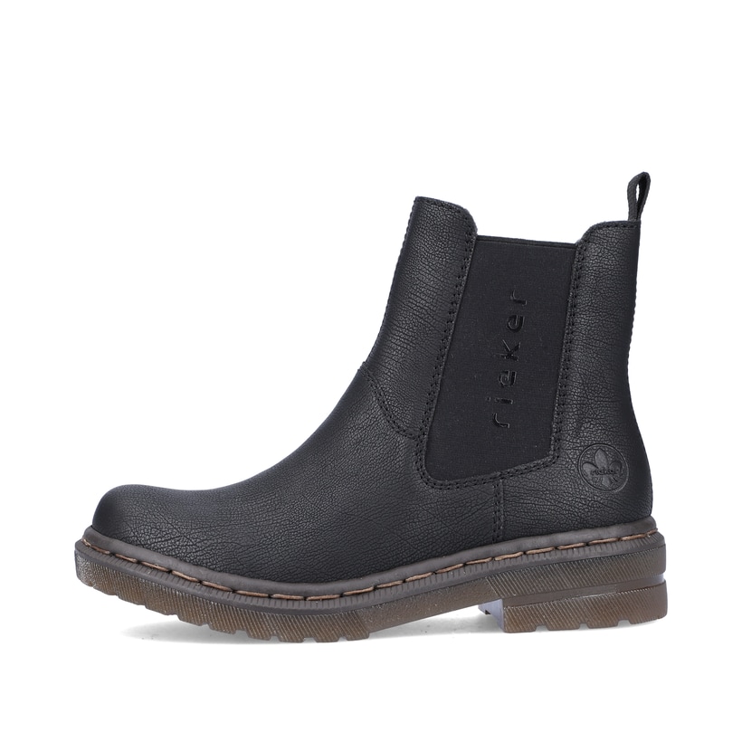 
Asphaltschwarze Rieker Damen Chelsea Boots 78292-00 mit einer robusten Profilsohle. Schuh Außenseite