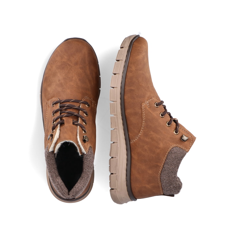 Holzbraune Rieker Herren Schnürstiefel B5632-24 mit Schaftkragen sowie Schnürung. Schuh von oben, liegend.