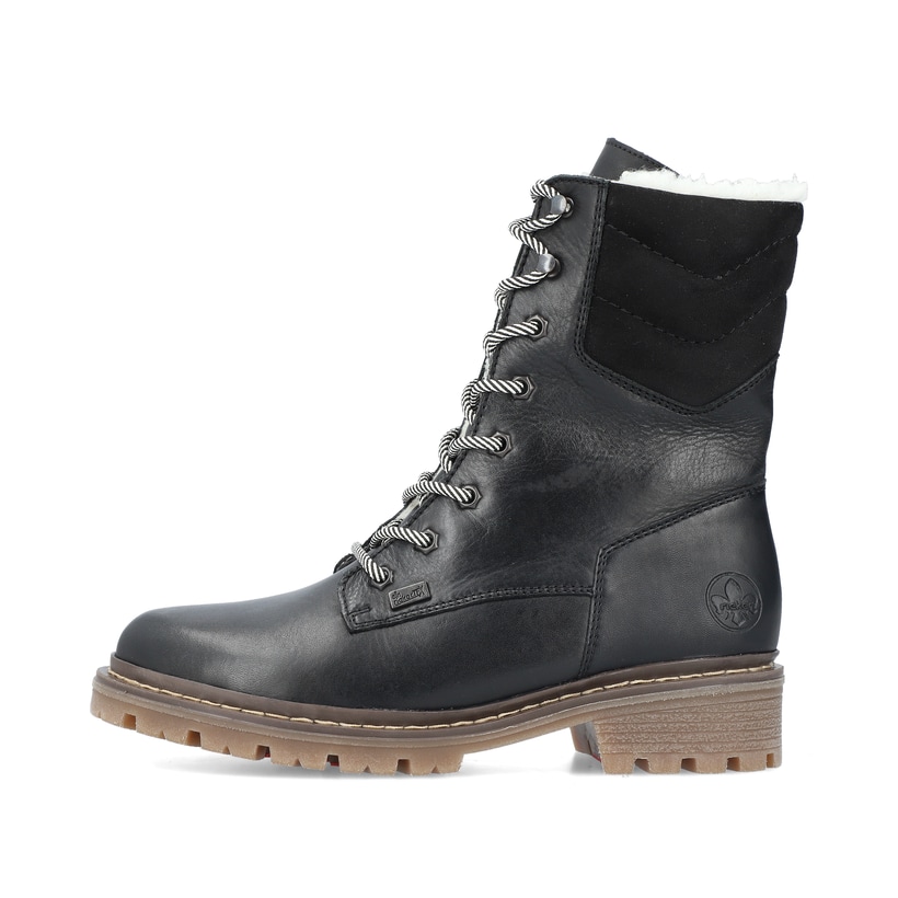 
Tiefschwarze Rieker Damen Schnürstiefel Y9232-00 mit einer griffigen Fiber-Grip Sohle. Schuh Außenseite