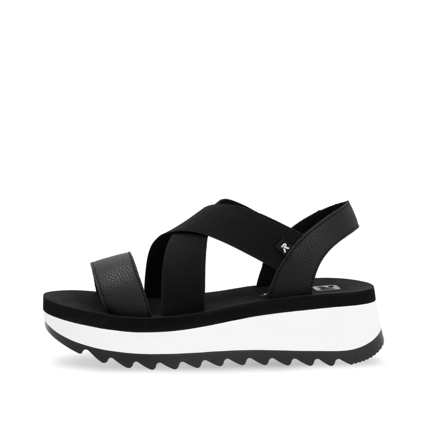 Schwarze Rieker Damen Riemchensandalen W3053-00 mit einem Gummizug. Schuh Außenseite.