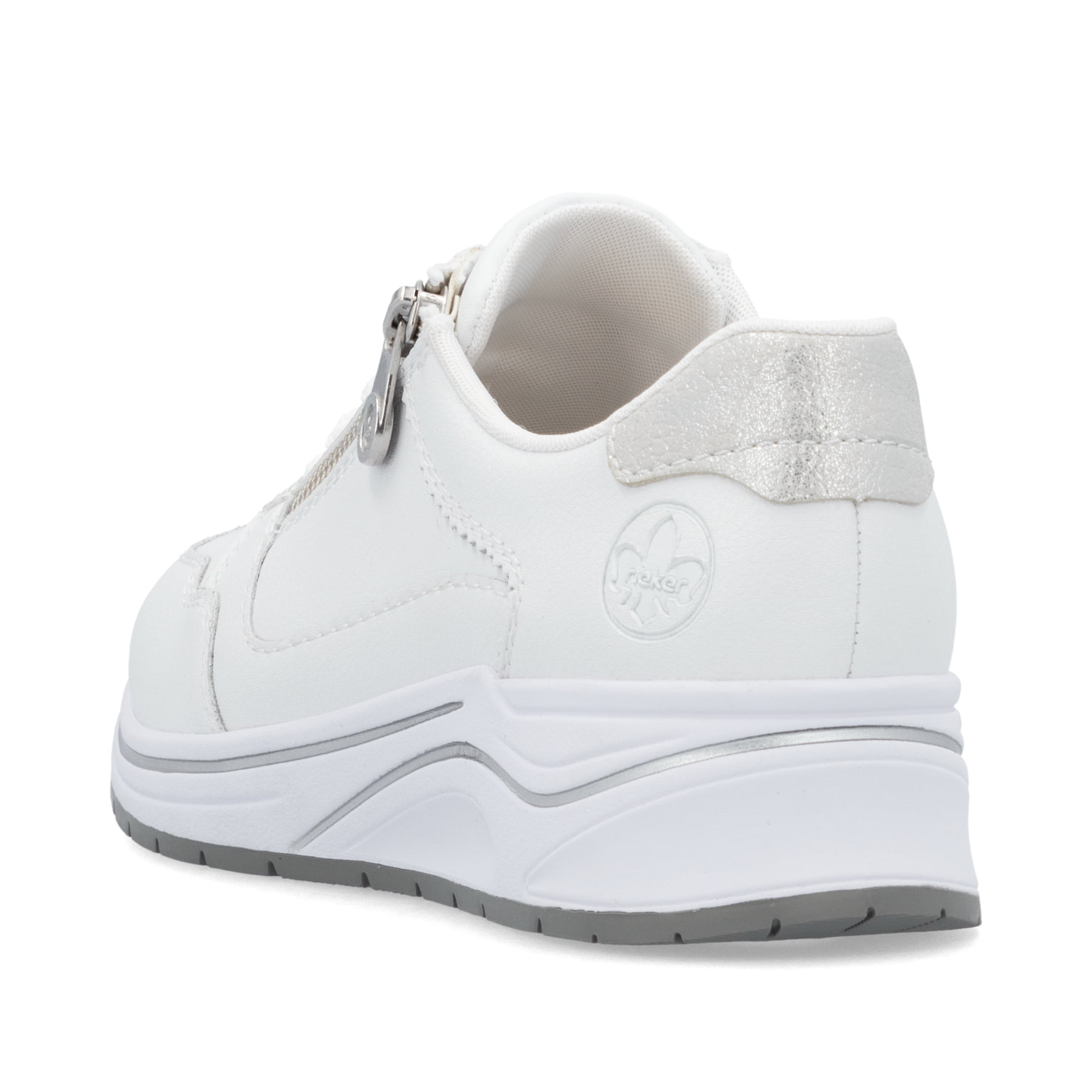 Weiße Rieker Damen Sneaker Low N9501-80 mit Reißverschluss sowie Extraweite H. Schuh von hinten.